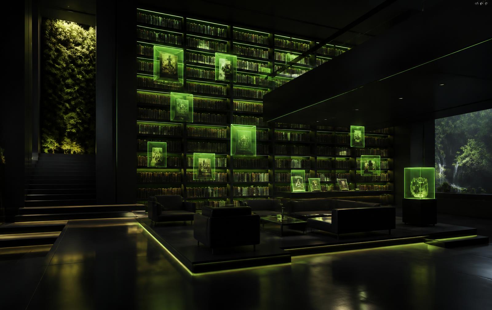 Estante moderna de biblioteca digital iluminada em verde limão